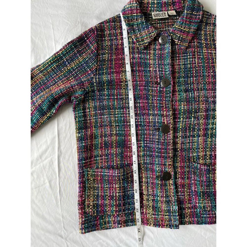 Vintage Chico's Design 100% Silk Boho Granny Chic Woven Tweed Rainbow Jacket